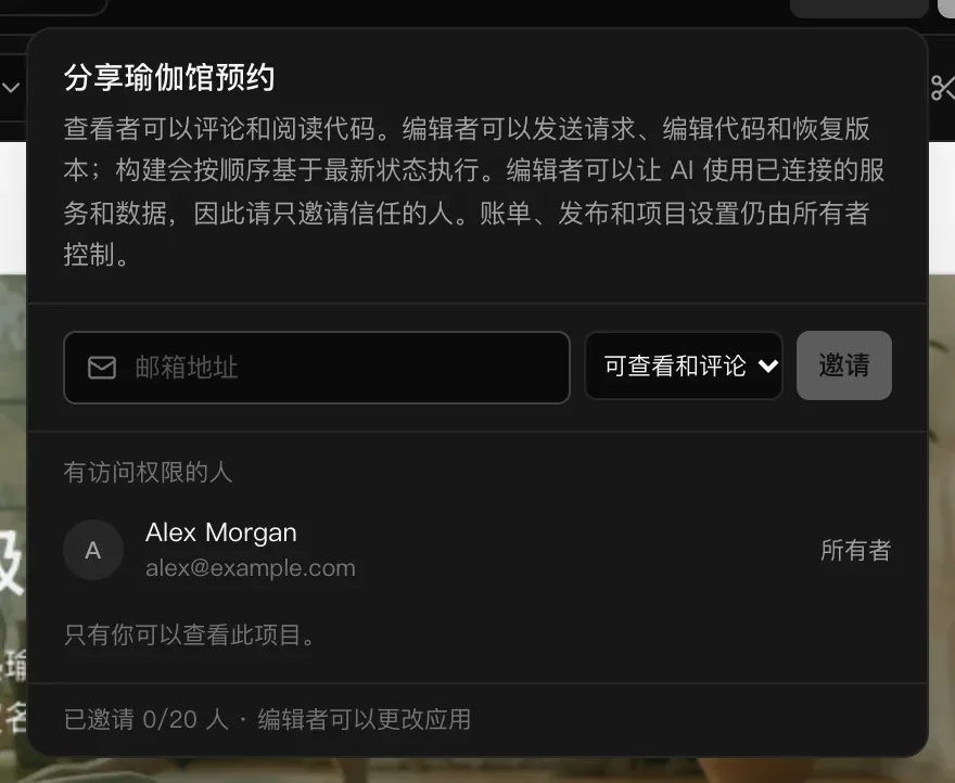 “分享瑜伽馆预约”面板：说明查看者和编辑者能做什么，邮箱地址输入框、“可查看和评论”选项和“邀请”按钮，“有访问权限的人”中列出 Alex Morgan，身份为所有者，底部是“已邀请 0/20 人”