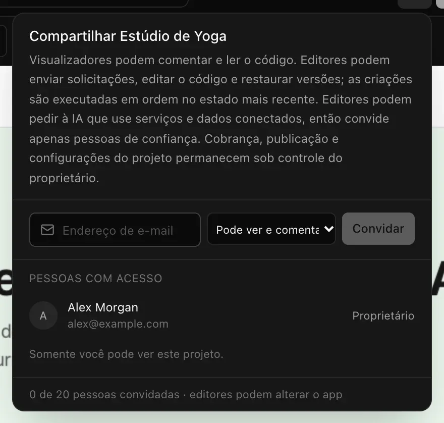 O painel Compartilhar Estúdio de Yoga: o que visualizadores e editores podem fazer, um campo de endereço de e-mail com a opção Pode ver e comentar e um botão Convidar, e Pessoas com acesso mostrando Alex Morgan como Proprietário