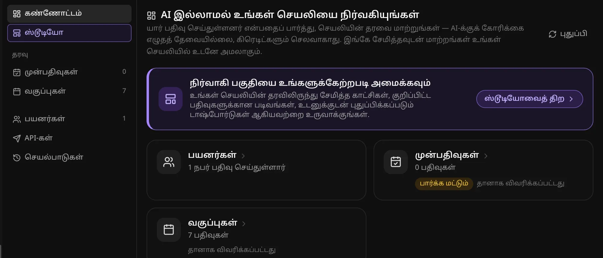 நிர்வாகி தாவல்: கண்ணோட்டம், ஸ்டுடியோ, முன்பதிவுகள், வகுப்புகள் ஆகிய தரவு அட்டவணைகள், பயனர்கள், API-கள், செயல்பாடுகள்; “AI இல்லாமல் உங்கள் செயலியை நிர்வகியுங்கள்”; நிர்வாகி பகுதியை உங்களுக்கு ஏற்றபடி மாற்ற ஓர் அட்டை; பயனர்கள் (1 நபர் பதிவு செய்துள்ளார்), முன்பதிவுகள் (0 பதிவுகள்), வகுப்புகள் (7 பதிவுகள்) அட்டைகள்