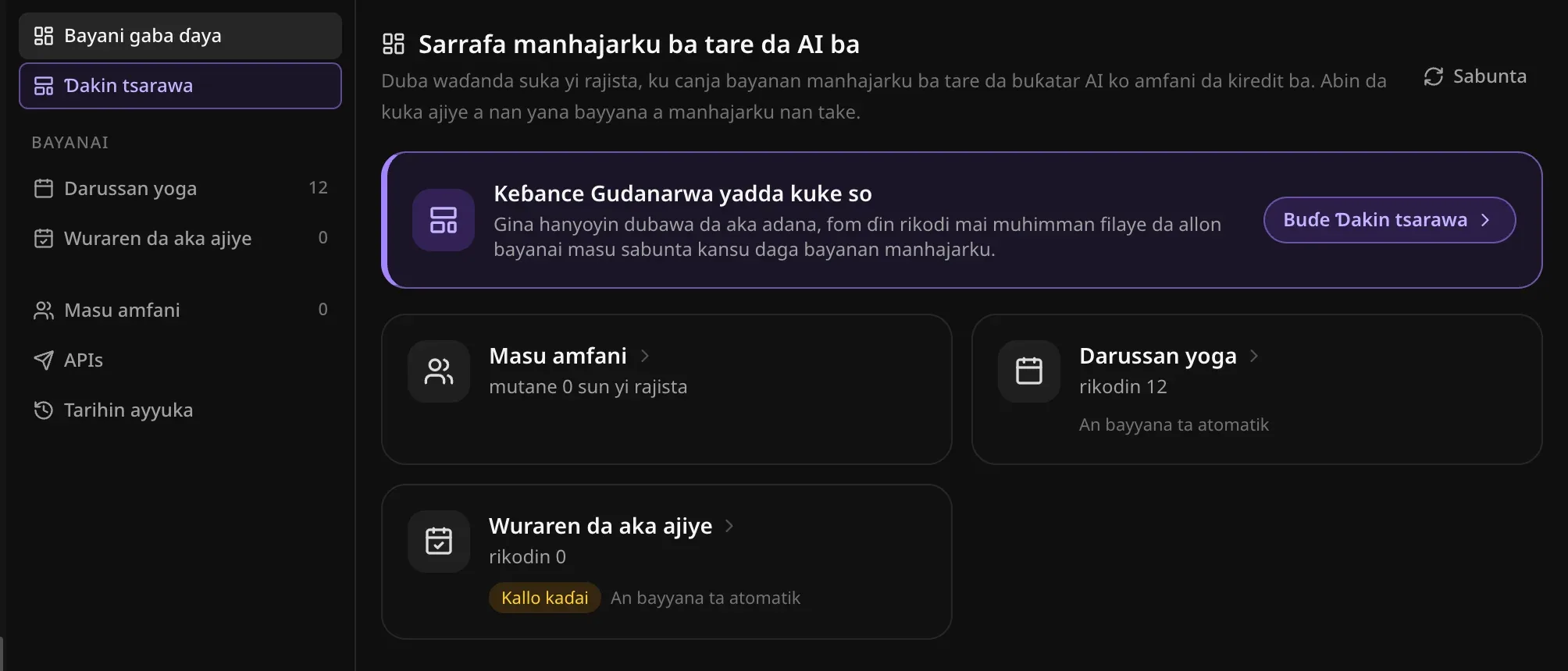 Shafin Gudanarwa: Bayani gaba ɗaya, Ɗakin tsarawa, jadawalan bayanai Darussan yoga (12) da Wuraren da aka ajiye (0), Masu amfani, APIs da Tarihin ayyuka, tare da katin “Keɓance Gudanarwa yadda kuke so” da katunan Masu amfani, Darussan yoga da Wuraren da aka ajiye