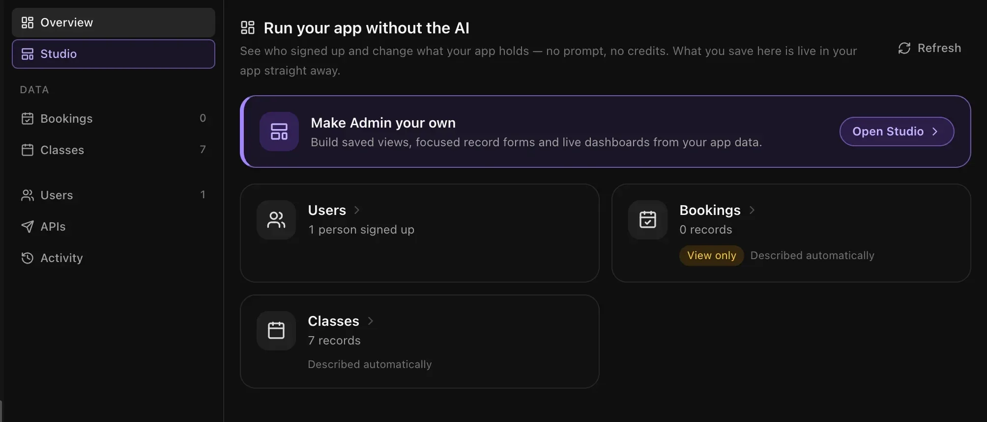 The Admin tab: Overview, Studio, the data tables Bookings and Classes, Users, APIs and Activity, with a card to make Admin your own and counts of users, bookings and classes