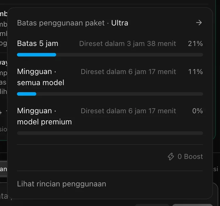 Panel Batas penggunaan paket untuk paket Ultra, dengan bilah untuk Batas 5 jam, Mingguan · semua model, dan Mingguan · model premium, masing-masing dengan waktu reset, 0 Boost, dan Lihat rincian penggunaan