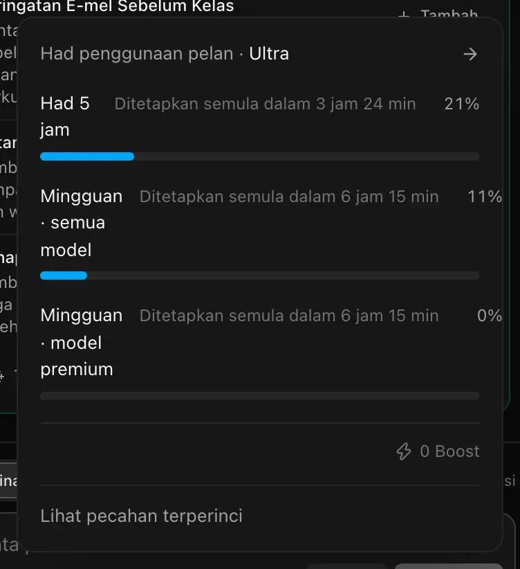 Panel Had penggunaan pelan untuk pelan Ultra, dengan bar untuk Had 5 jam, Mingguan · semua model dan Mingguan · model premium, setiap satu dengan masa ditetapkan semula, 0 Boost dan Lihat pecahan terperinci