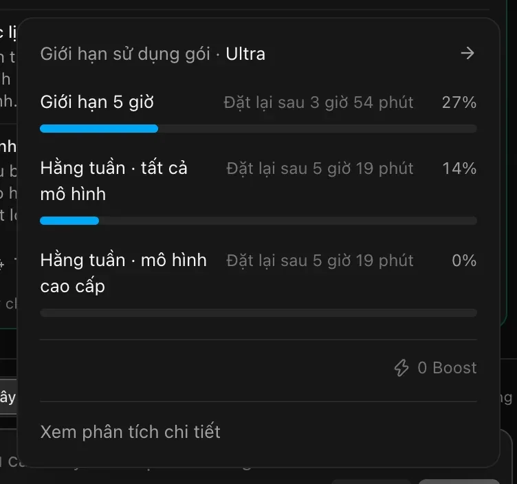 Bảng Giới hạn sử dụng gói cho gói Ultra, với các thanh giới hạn 5 giờ, Hằng tuần · tất cả mô hình và Hằng tuần · mô hình cao cấp, mỗi thanh kèm thời điểm đặt lại, 0 Boost và Xem phân tích chi tiết