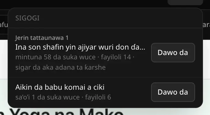 Menu na Sigogi mai sigogi biyu: “Ina son shafin yin ajiyar wuri don ɗa…”, mintuna 55 da suka wuce, fayiloli 14, “sigar da aka adana ta ƙarshe”, da “Aikin da babu komai a ciki”, fayiloli 6, kowacce da maɓallin “Dawo da”