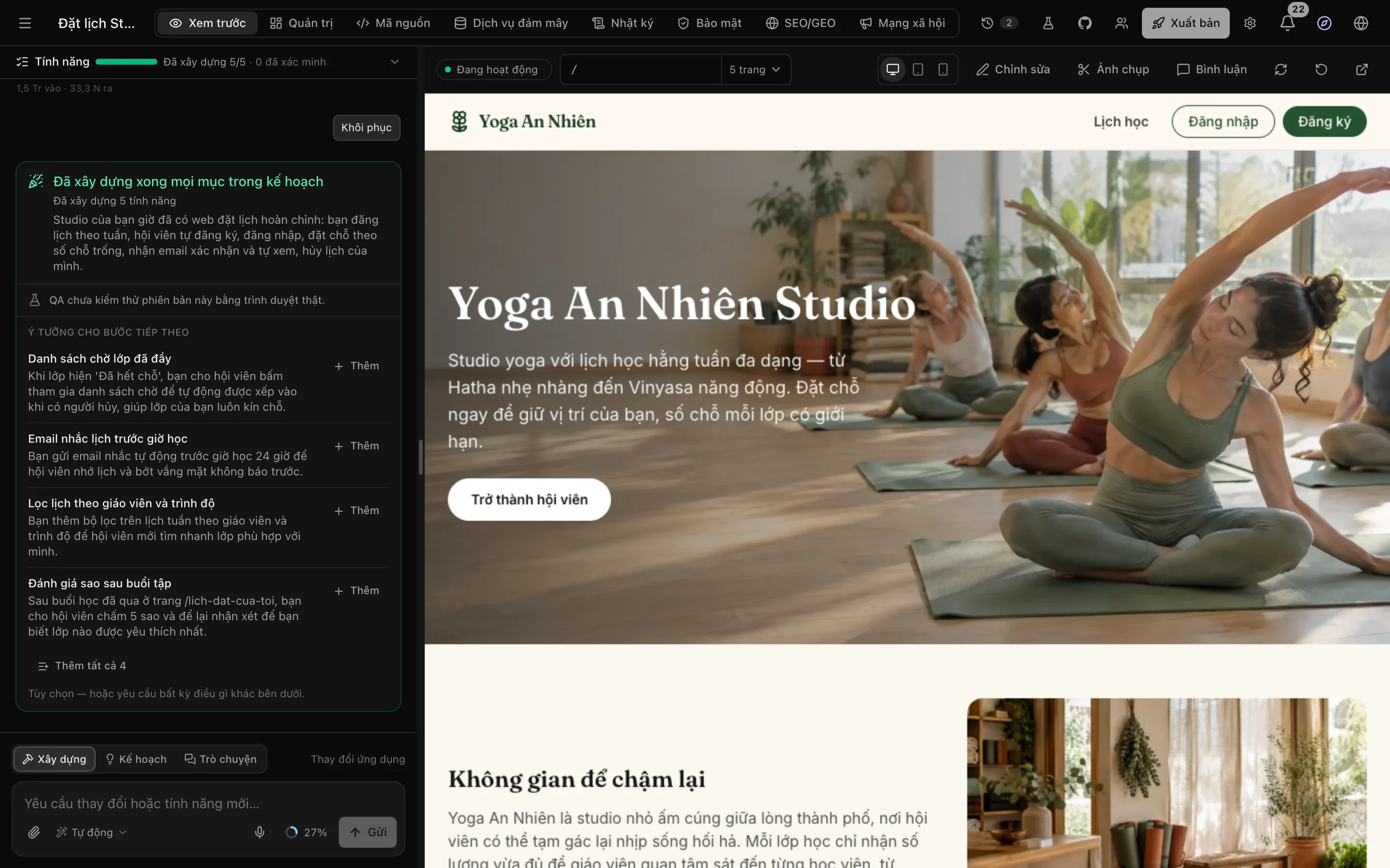 Trang web Yoga An Nhiên đã hoàn thành trong bản xem trước, với ảnh một lớp yoga và tiêu đề Yoga An Nhiên Studio; cuộc trò chuyện bên trái hiện Đã xây dựng xong mọi mục trong kế hoạch, Đã xây dựng 5 tính năng và Ý tưởng cho bước tiếp theo
