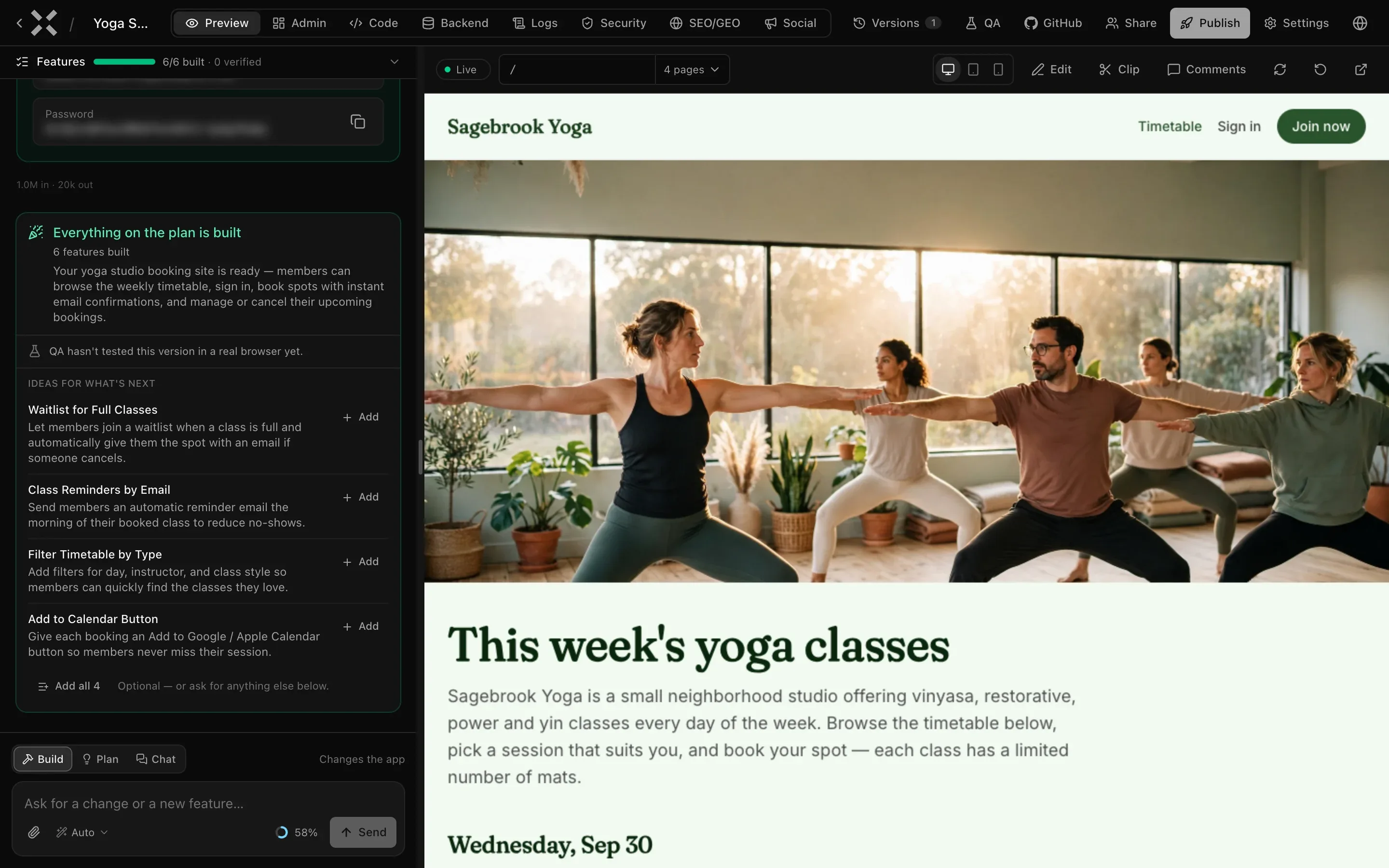The finished yoga studio site, Sagebrook Yoga, in the preview with a class photo and This week's yoga classes; the chat on the left shows Everything on the plan is built, 6 features built, and Ideas for what's next