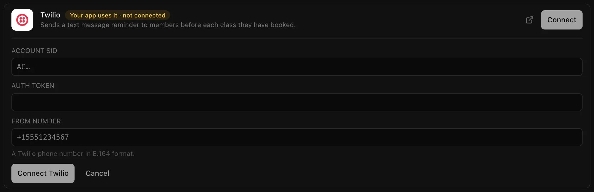 The Twilio connector open in Backend, Cloud, marked Your app uses it, not connected: fields for the Account SID, auth token and from number, with the hint A Twilio phone number in E.164 format