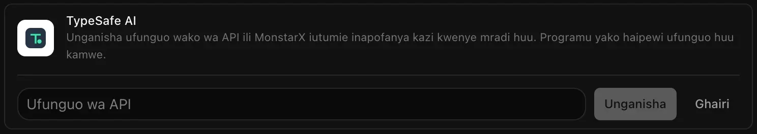 Safu ya TypeSafe AI ikiwa wazi kwa ajili ya kuunganisha, ikiwa na sehemu tupu ya Ufunguo wa API na vitufe vya Unganisha na Ghairi