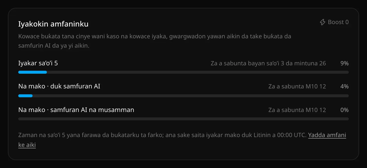 Iyakokin amfaninku a Saituna → Amfani: sanduna uku na iyakar sa’o’i 5, iyakar mako ta duk samfuran AI da adadin samfuran AI na musamman na mako, kowacce da lokacin sabuntawarta da kasonta