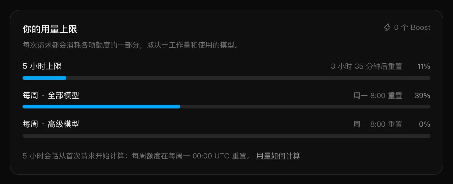 “设置 → 用量”中的“你的用量上限”：5 小时上限、全部模型每周上限和高级模型每周额度三条用量条，每条都有重置时间和百分比