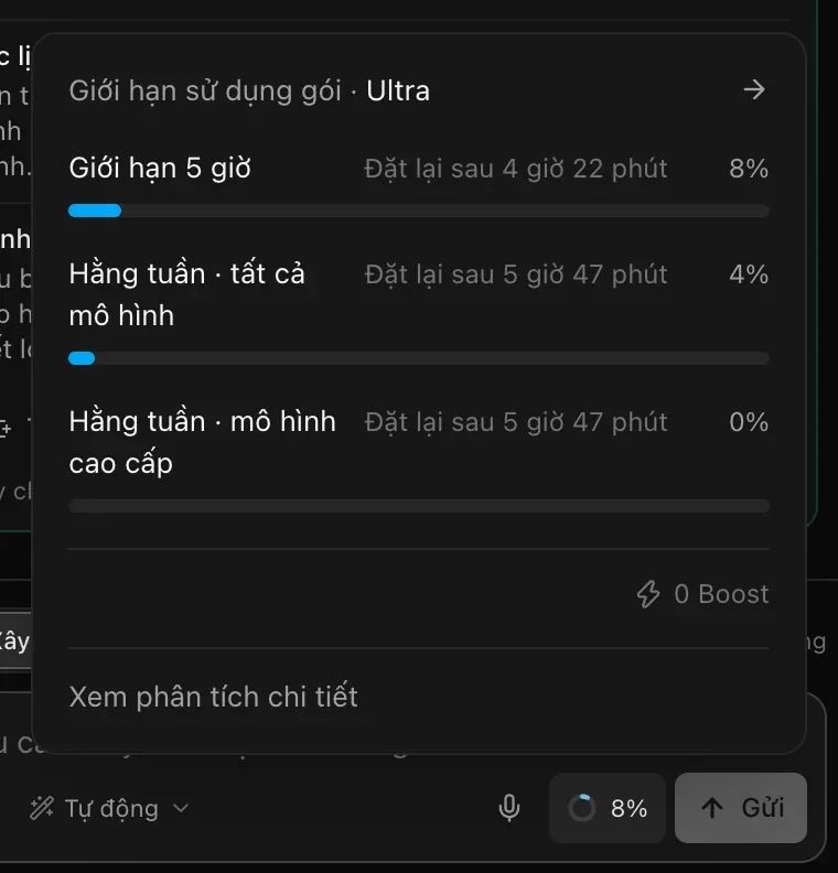 Bảng Giới hạn sử dụng gói · Ultra: Giới hạn 5 giờ 8%, đặt lại sau 4 giờ 22 phút, Hằng tuần · tất cả mô hình 4% và Hằng tuần · mô hình cao cấp 0%, đặt lại sau 5 giờ 47 phút, kèm 0 Boost và Xem phân tích chi tiết
