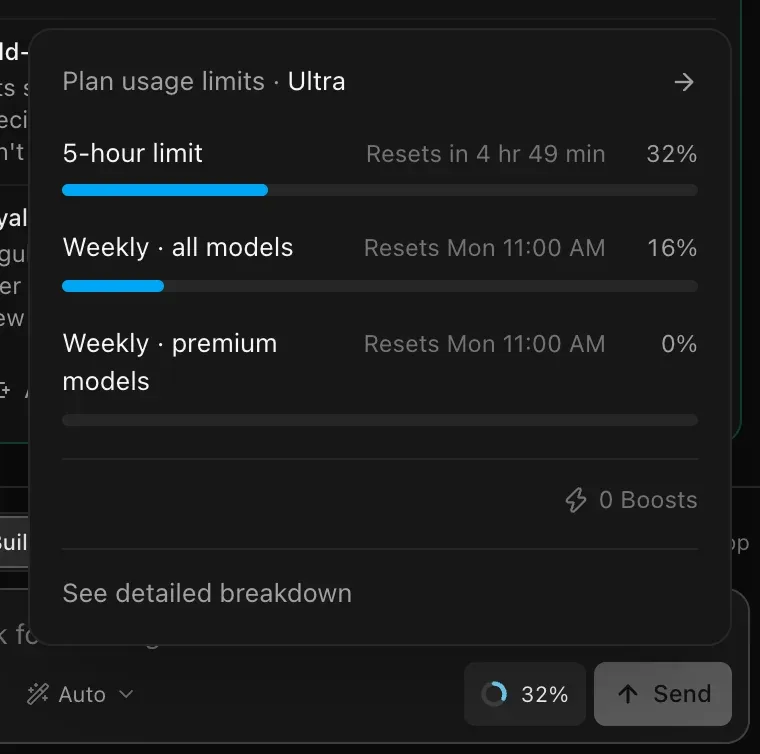 The Plan usage limits panel for the Ultra plan: 5-hour limit 32% resetting in 4 hr 49 min, Weekly all models 16% and Weekly premium models 0% resetting Monday 11:00 AM, with 0 Boosts and See detailed breakdown
