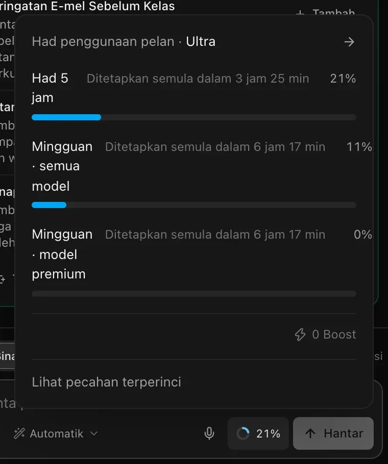 Panel Had penggunaan pelan untuk pelan Ultra: Had 5 jam 16% ditetapkan semula dalam 3 jam 49 min, Mingguan · semua model 8% dan Mingguan · model premium 0% ditetapkan semula dalam 6 jam 41 min, dengan 0 Boost dan Lihat pecahan terperinci