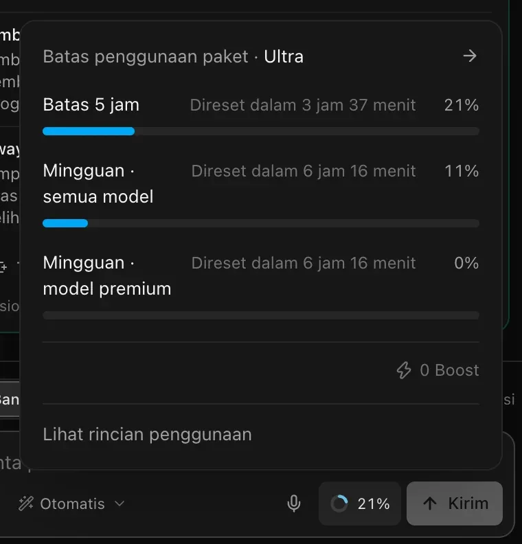 Panel Batas penggunaan paket untuk paket Ultra: Batas 5 jam 21% direset dalam 3 jam 37 menit, Mingguan · semua model 11% dan Mingguan · model premium 0% direset dalam 6 jam 16 menit, dengan 0 Boost dan Lihat rincian penggunaan