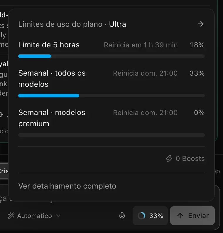 O painel Limites de uso do plano · Ultra: Limite de 5 horas em 18%, reiniciando em 1 h 39 min, Semanal · todos os modelos em 33% e Semanal · modelos premium em 0%, reiniciando dom. 21:00, com 0 Boosts e Ver detalhamento completo