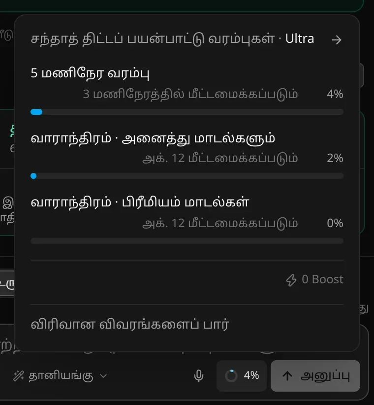 Ultra சந்தாத் திட்டத்துக்கான சந்தாத் திட்டப் பயன்பாட்டு வரம்புகள் பலகம்: 5 மணிநேர வரம்பு 4%, 3 மணிநேரம் 6 நிமிடங்களில் மீட்டமைப்பு; வாராந்திரம் · அனைத்து மாடல்களும் 2%, வாராந்திரம் · பிரீமியம் மாடல்கள் 0%, அக். 12 மீட்டமைப்பு; 0 Boost, விரிவான விவரங்களைப் பார்