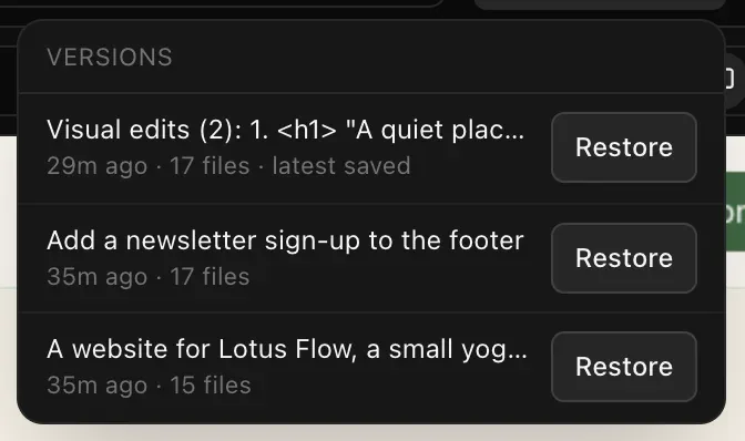 The Versions menu with three versions, newest first: Visual edits (2) marked latest saved, Add a newsletter sign-up to the footer, and the first request, each with the time, the number of files and a Restore button