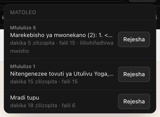 Menyu ya Matoleo yenye matoleo matatu, la hivi karibuni kwanza: Marekebisho ya mwonekano (2) likiwa na alama ya lililohifadhiwa mwisho, ombi la kwanza la tovuti ya Utulivu Yoga, na Mradi tupu, kila moja na saa, idadi ya faili na kitufe cha Rejesha