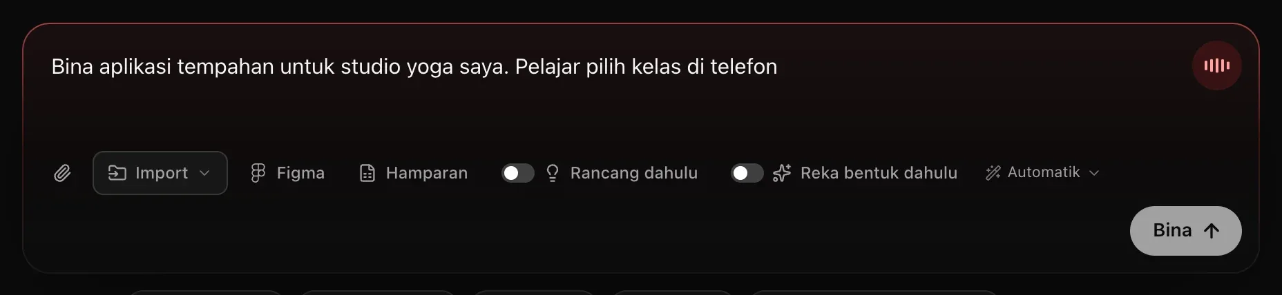 Kotak prom dengan permulaan permintaan untuk aplikasi tempahan studio yoga sedang ditulis di dalamnya, bingkai merah dan butang mikrofon merah dengan bar paras suara di penjurunya