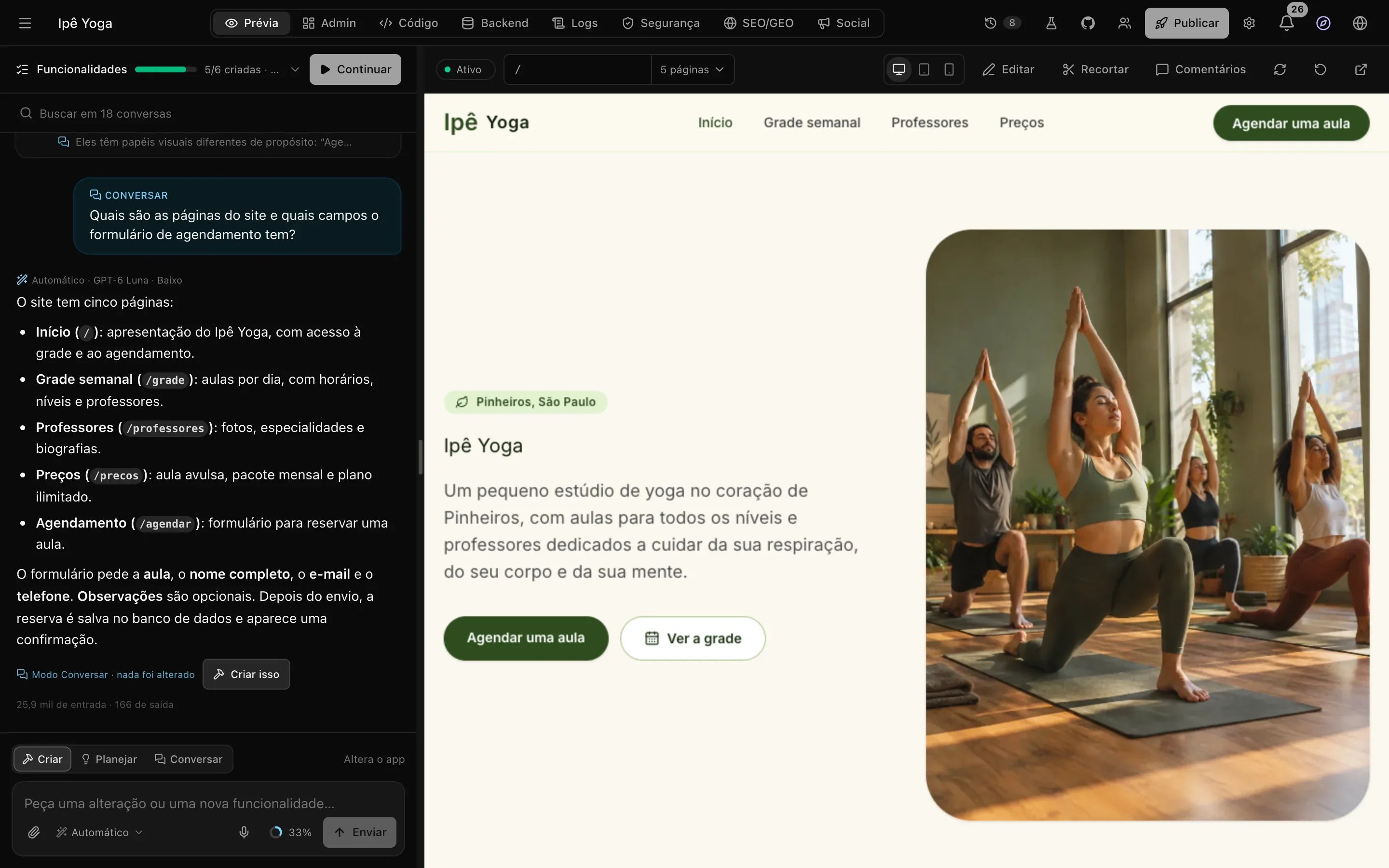 O espaço de trabalho do site do estúdio de yoga Ipê Yoga: o chat com uma pergunta do modo Conversar sobre as páginas do site e a resposta com o botão Criar isso à esquerda, a prévia ao vivo da página inicial à direita e as abas e os botões do projeto no topo