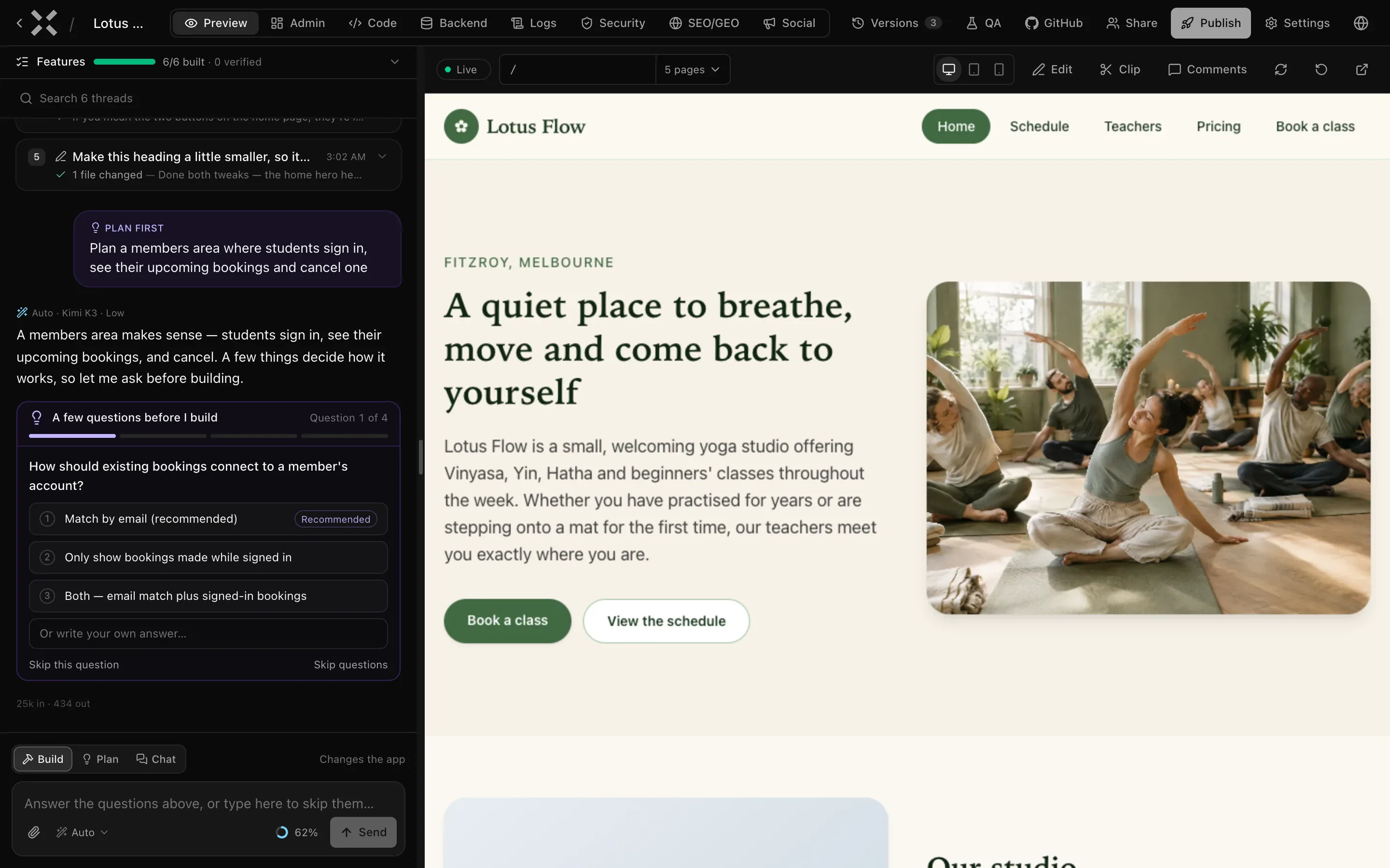 The workspace for a yoga studio site: the chat with a Plan mode question on the left, the live preview of the home page on the right, and the tabs and project buttons along the top