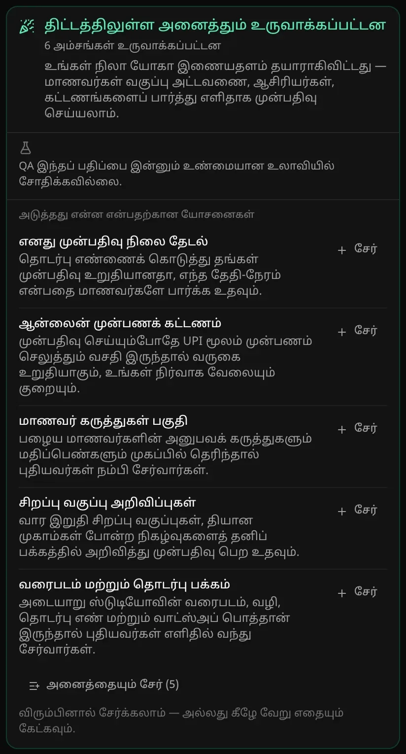 நிறைவு அட்டை: “திட்டத்திலுள்ள அனைத்தும் உருவாக்கப்பட்டன”, “6 அம்சங்கள் உருவாக்கப்பட்டன”, நிலா யோகா இணையதளம் பற்றிய ஒரு வரிச் சுருக்கம், “அடுத்தது என்ன என்பதற்கான யோசனைகள்” பகுதியில் ஒவ்வொன்றுக்கும் சேர் பொத்தானுடன் ஐந்து யோசனைகள், “அனைத்தையும் சேர் (5)”