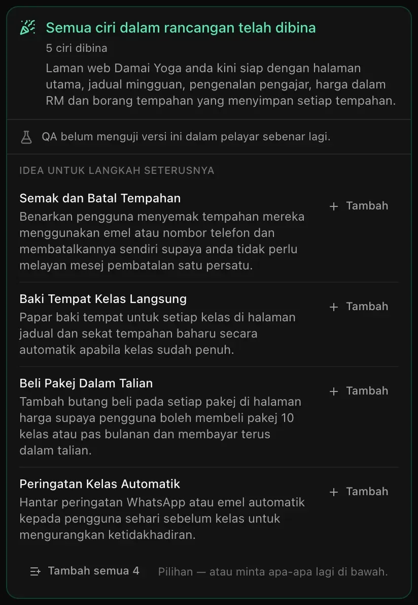 Kad rumusan: Semua ciri dalam rancangan telah dibina, 5 ciri dibina, ringkasan tentang laman Damai Yoga, dan empat Idea untuk langkah seterusnya, setiap satu dengan butang Tambah, serta Tambah semua 4