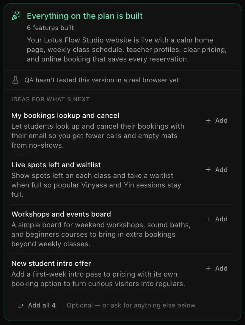 The wrap-up card: Everything on the plan is built, 6 features built, a one-line summary of the yoga studio site, and four Ideas for what's next, each with an Add button, plus Add all 4
