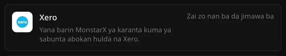 Layin Xero a Haɗin sabis: Yana barin MonstarX ya karanta kuma ya sabunta abokan hulɗa na Xero, tare da alamar Zai zo nan ba da jimawa ba