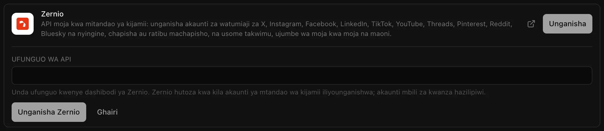 Kiunganishi cha Zernio kikiwa wazi katika Huduma za wingu, Wingu: API moja kwa mitandao ya kijamii, sehemu ya Ufunguo wa API yenye maelezo kwamba Zernio hutoza kwa kila akaunti ya mtandao wa kijamii iliyounganishwa na kwamba akaunti mbili za kwanza hazilipiwi, na vitufe vya Unganisha Zernio na Ghairi