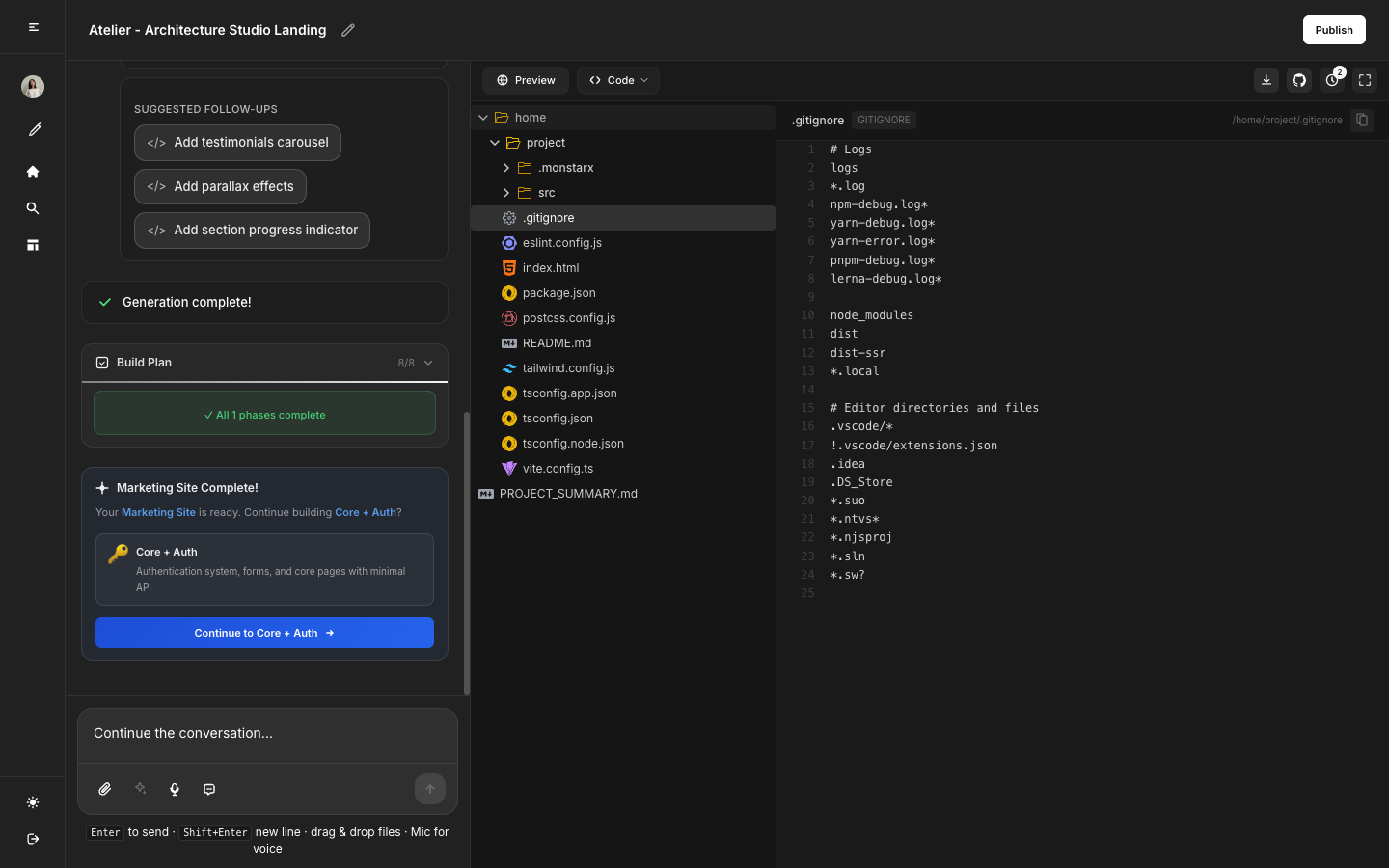 MonstarX Code tab showing the file tree and source code